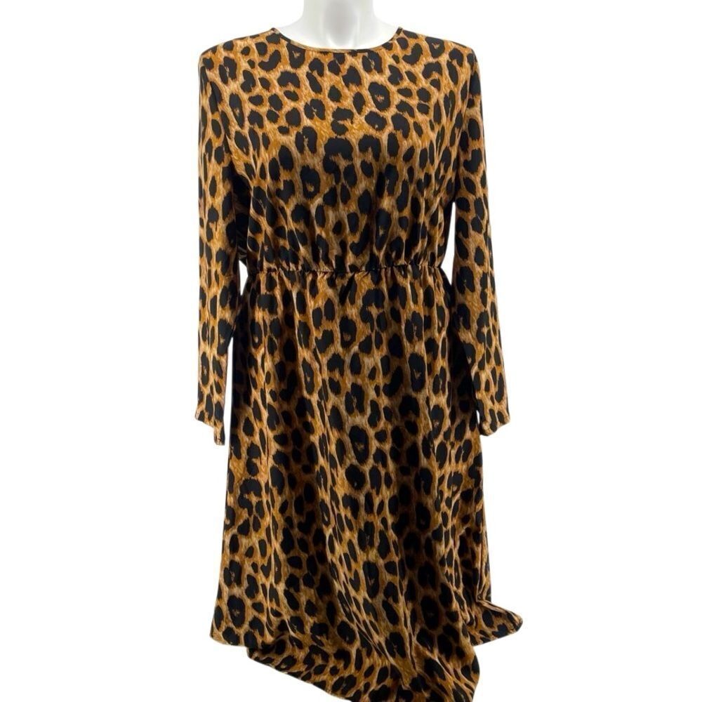 SHEIN Curve Leopard Print Midi Dress 3XL Elastic Waist Long Sleeve ~48”